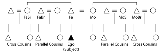 Anthropological kinship diagram showing an Ego and surrounding relatives
