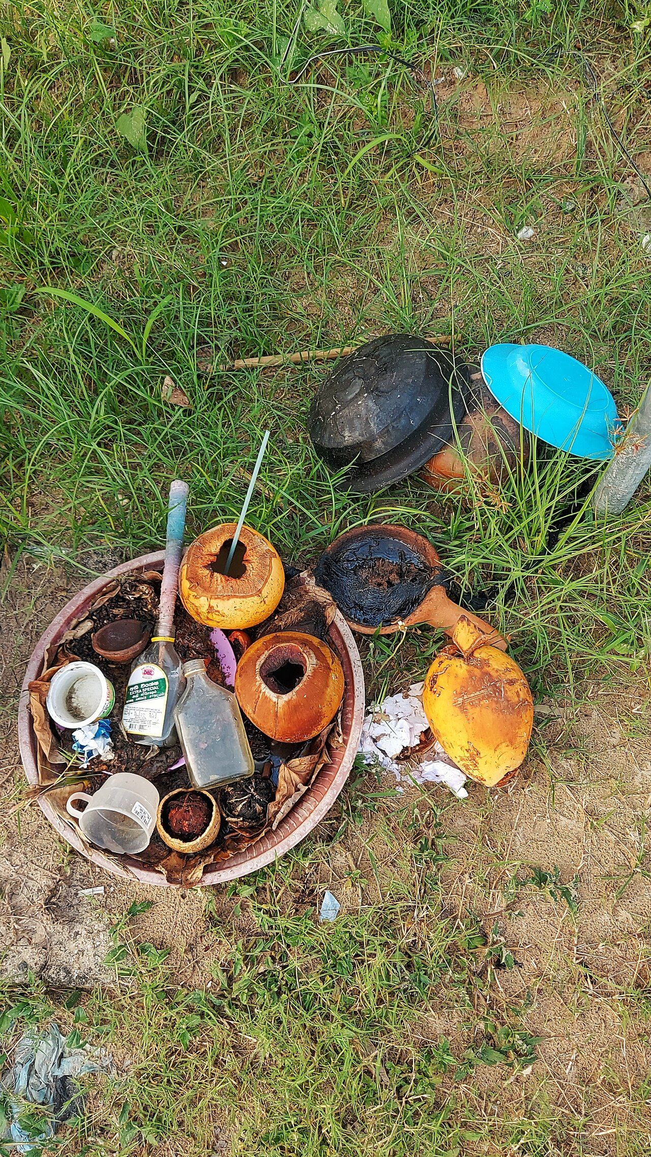 Ceremonial offerings arranged for a religious observance in Weligama, Sri Lanka