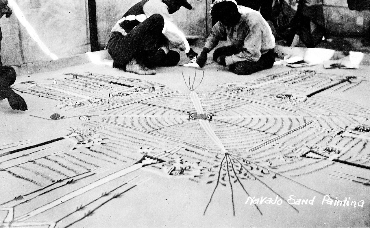 A Din&eacute; (Navajo) sandpainting composed of coloured pigments in a symmetrical ritual design