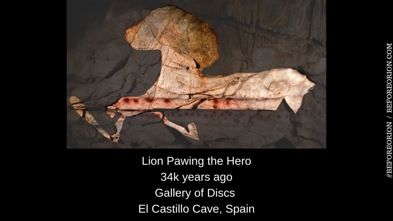 Upper Paleolithic cave art from El Castillo Cave, Cantabria, Spain, showing an animal figure alongside a human figure