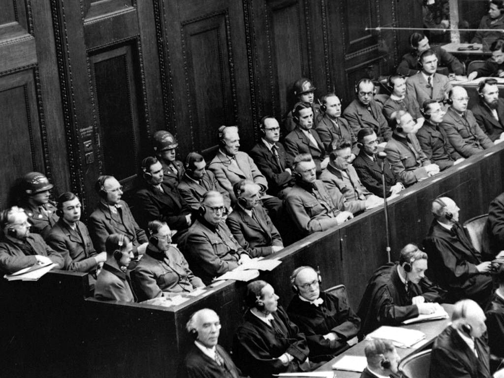 Defendants in the dock at the Nuremberg Doctors' Trial, Palace of Justice, 1946
