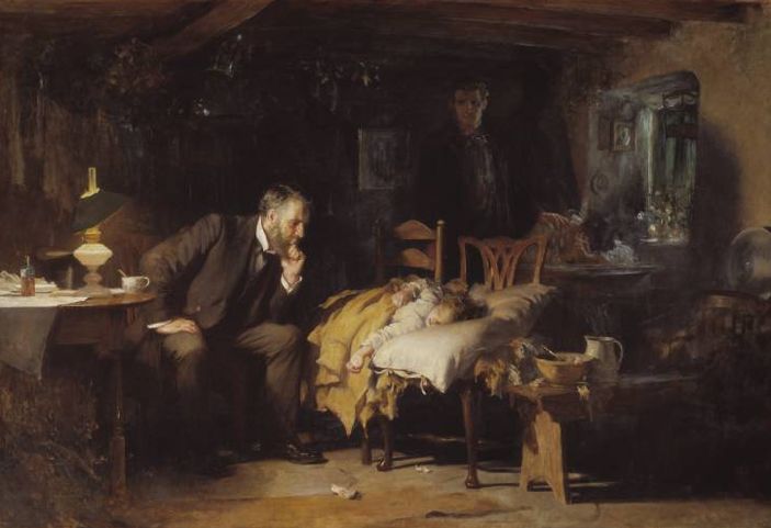 Luke Fildes painting The Doctor, showing a physician seated in lamplight beside a sick child on improvised bedding while the parents wait in shadow