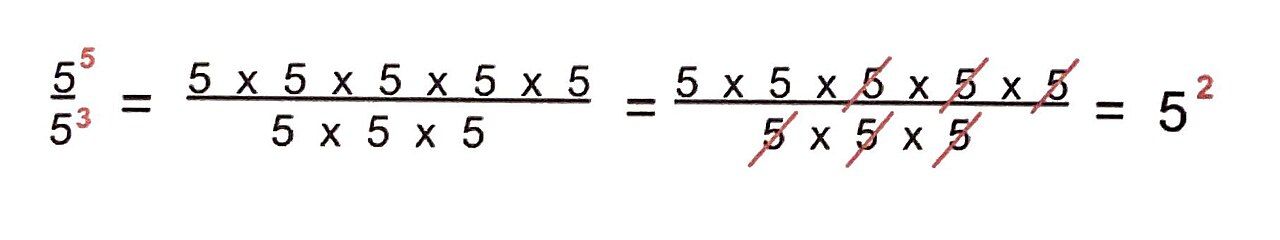 Worked example showing the quotient of two powers with the same base simplified by dividing out common factors