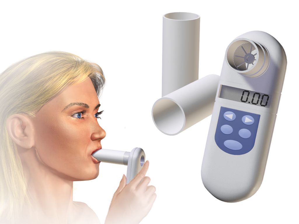 Spirometry tracing showing tidal volume, inspiratory and expiratory reserve volumes, vital capacity and residual volume plotted against time