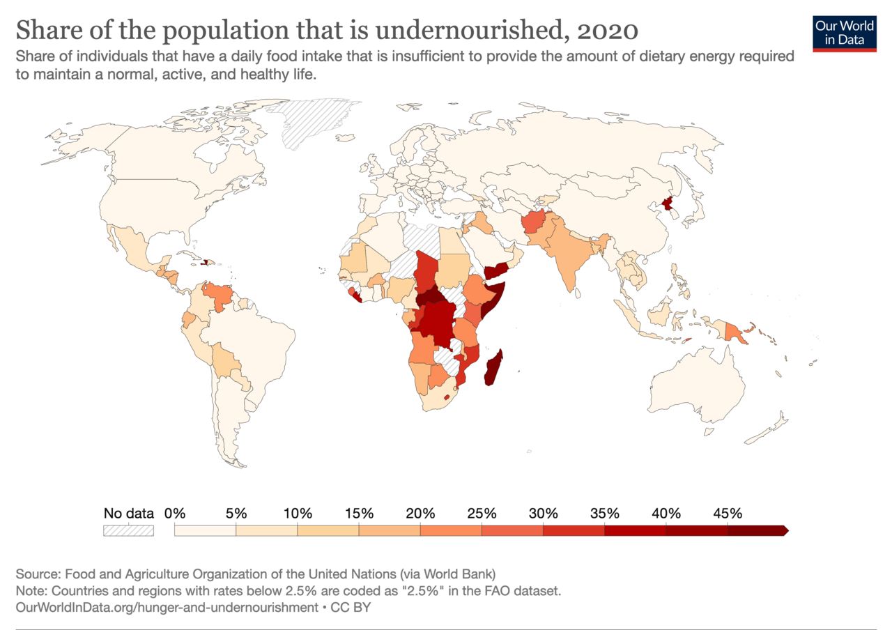 World map showing the prevalence of undernourishment by country