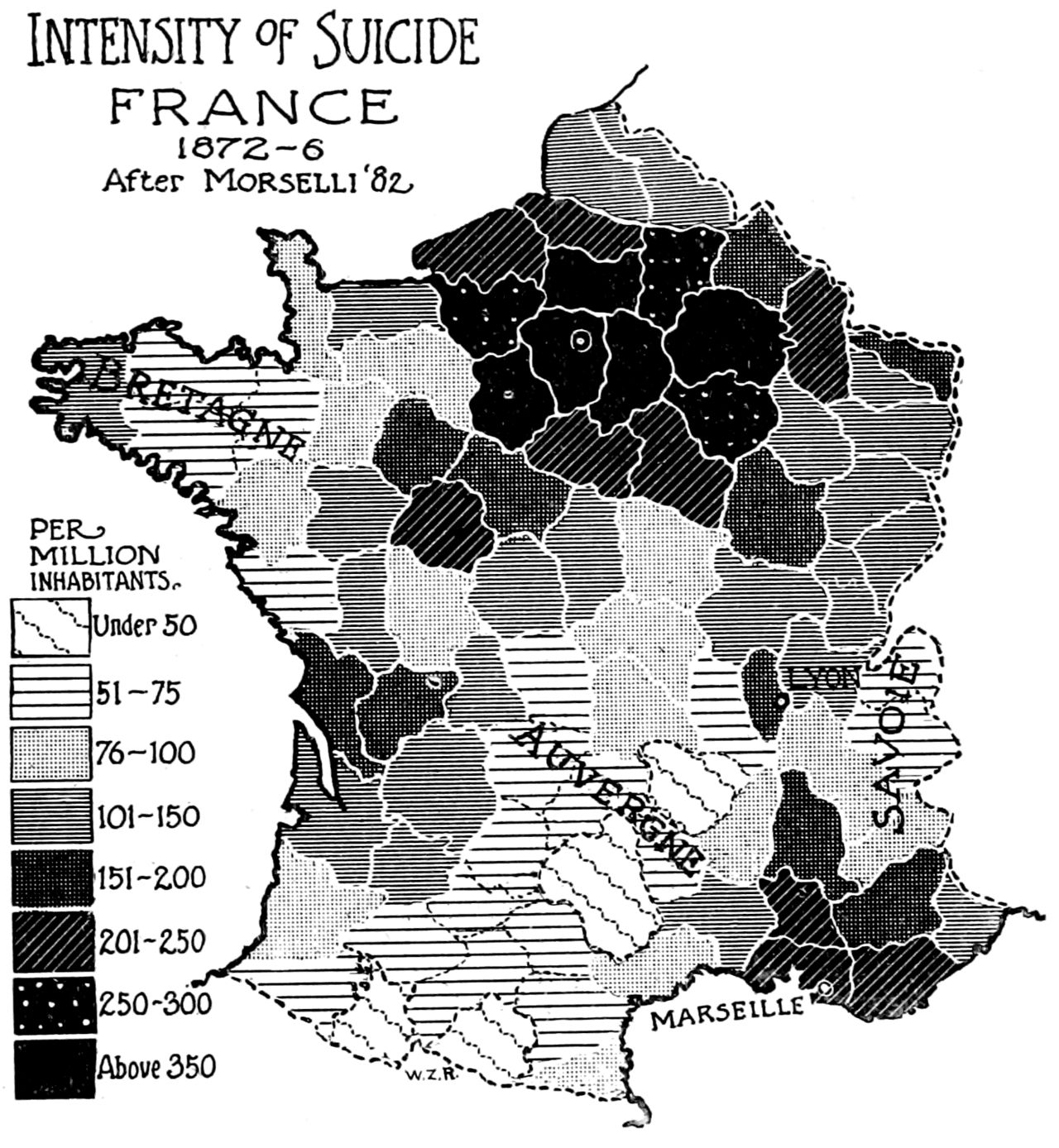 A 19th-century map of the varying intensity of suicide across the regions of France