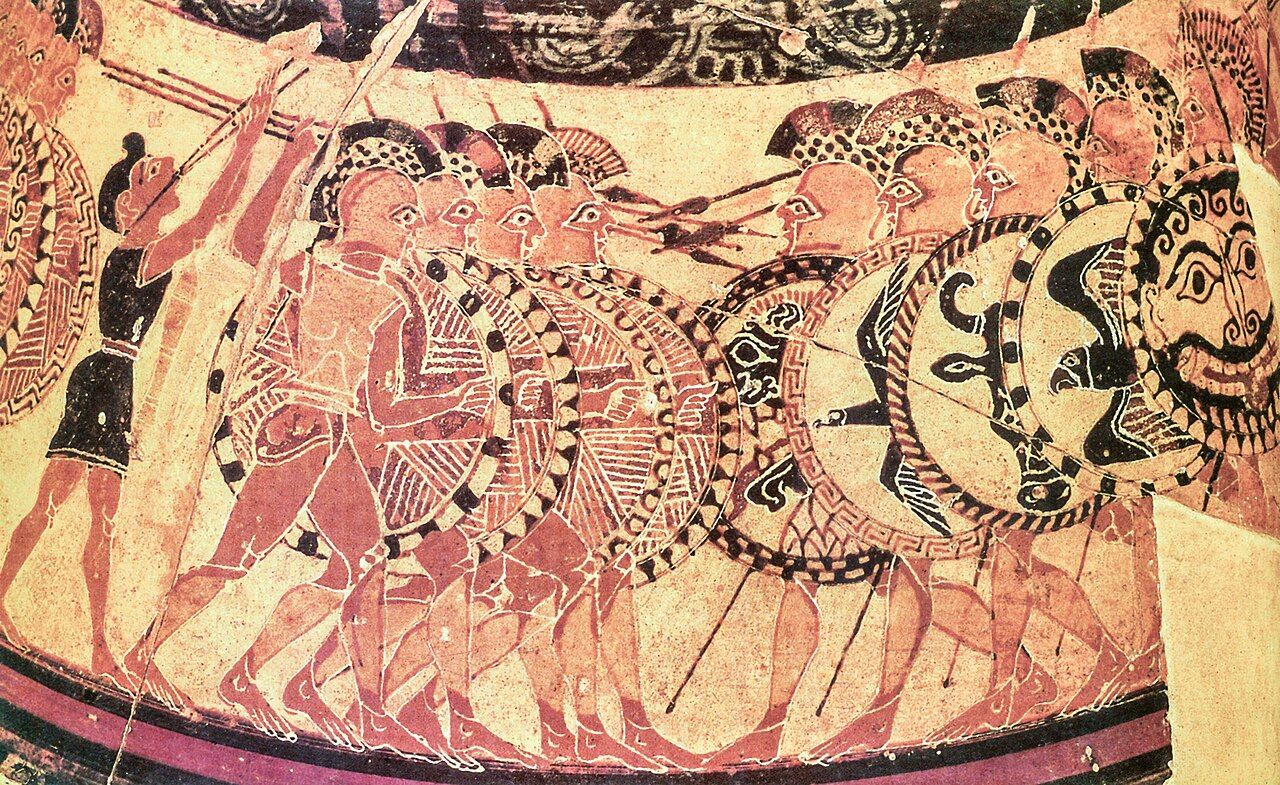 Hoplites in close order on the Chigi vase, about 640 BCE, one of the earliest depictions of the massed phalanx that reshaped Greek warfare and politics.