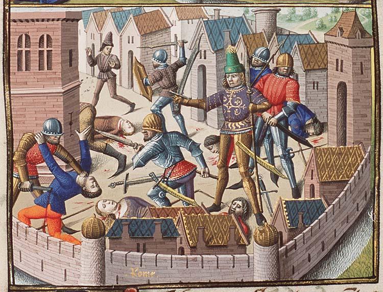 Fifteenth-century illumination from a manuscript of Augustine's City of God, showing armoured men killing civilians in the streets of a walled city labelled Rome