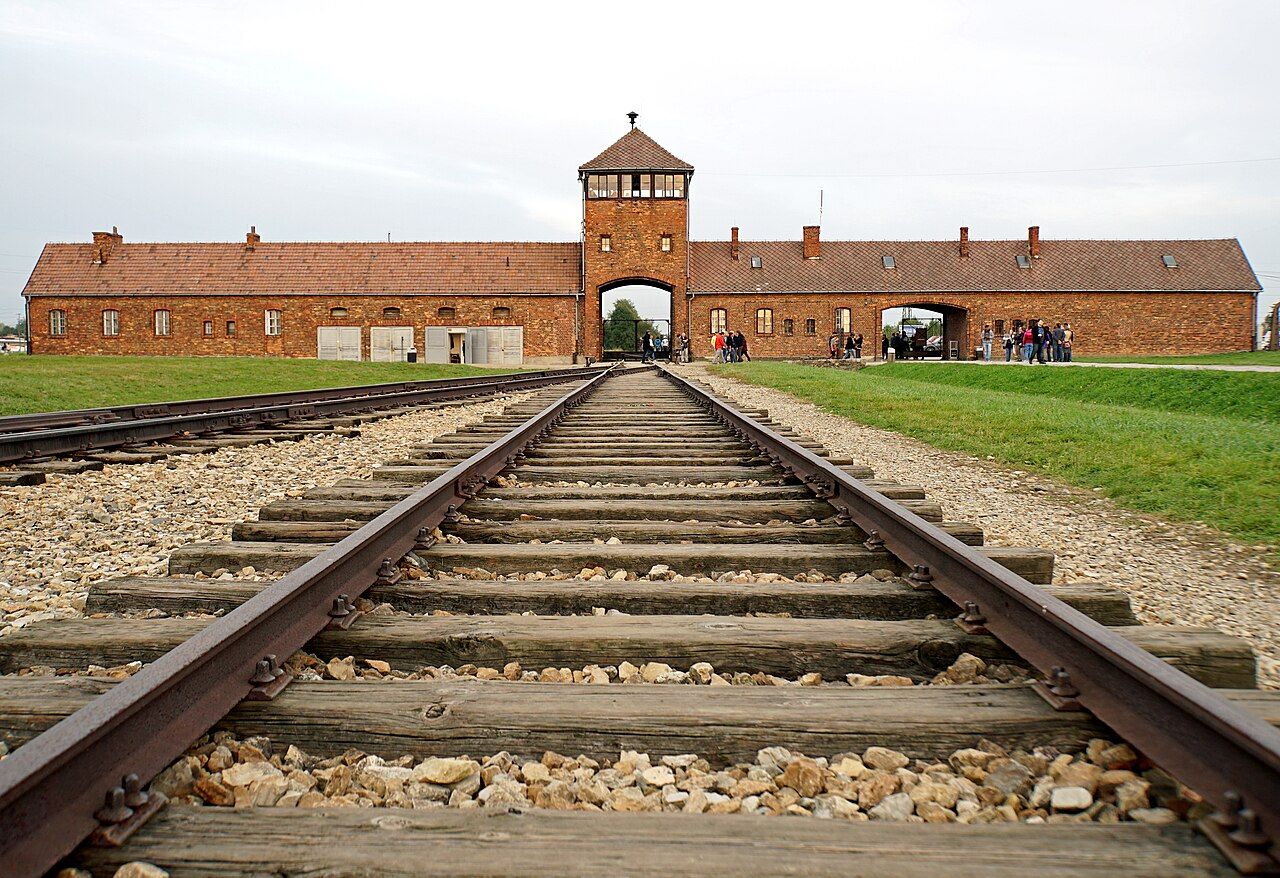 The railway gate at Auschwitz-Birkenau, where roughly 1.1 million people &mdash; the great majority of them Jews &mdash; were murdered.